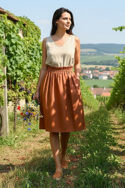 Ľanová sukňa s riaseným pásom